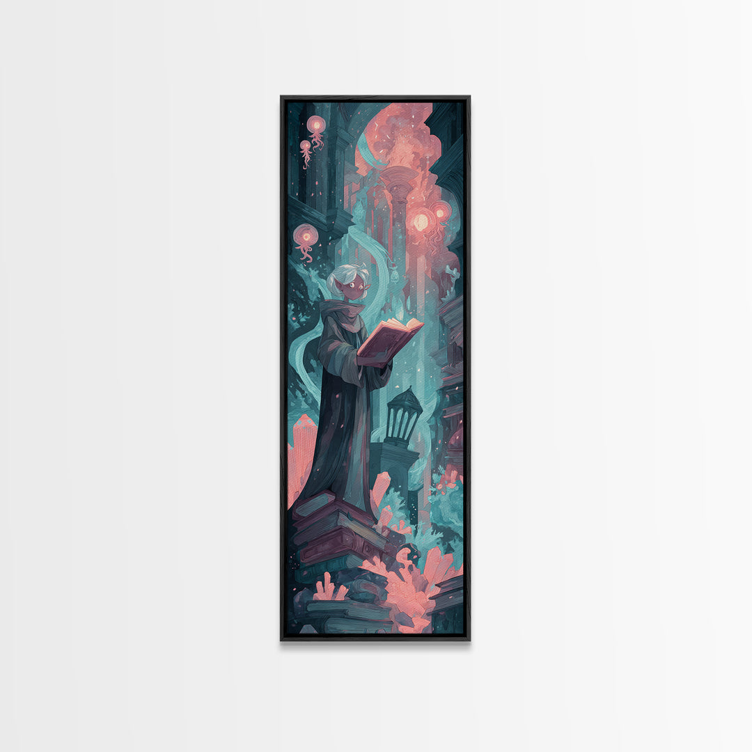 The Librarian Of Forbidden Tides, Cosmic Synthwave Horror, Tall Narrow Wall Art, Canvas Print, Retro Halloween Decor, Neon Wall Art