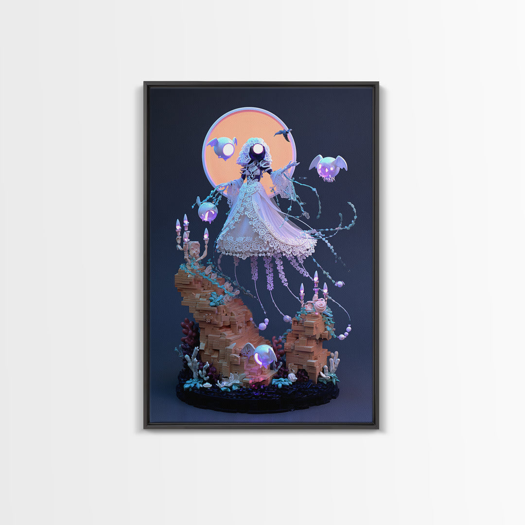 The Bride Of The Abyssal Moon, Cute Eldritch Neon Art, Vertical Wall Art, Framed Canvas Print, Retro Halloween Decor, Neon Wall Art