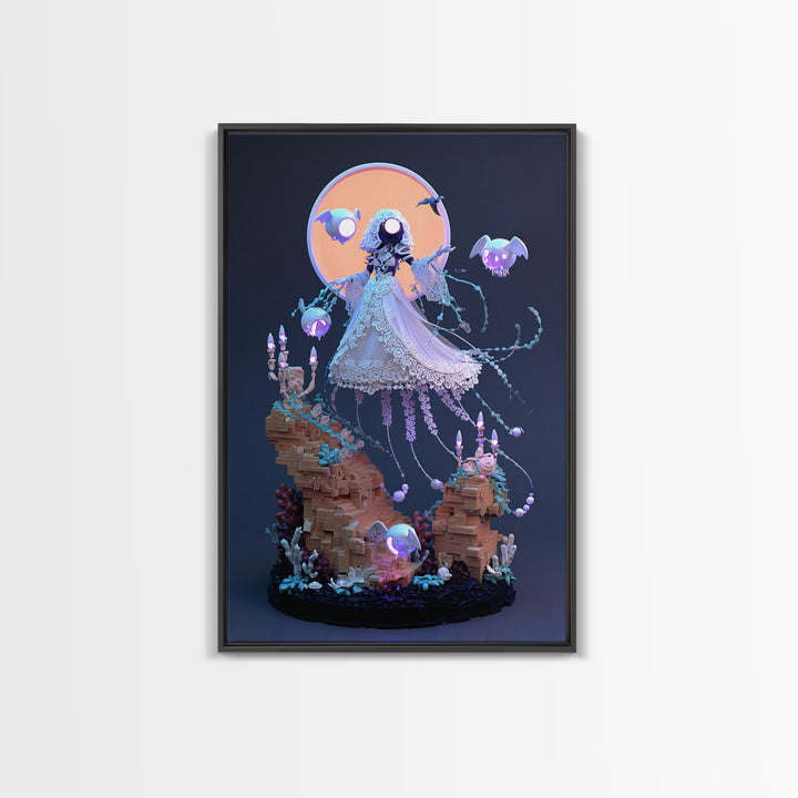 The Bride Of The Abyssal Moon, Cute Eldritch Neon Art, Vertical Wall Art, Framed Canvas Print, Retro Halloween Decor, Neon Wall Art