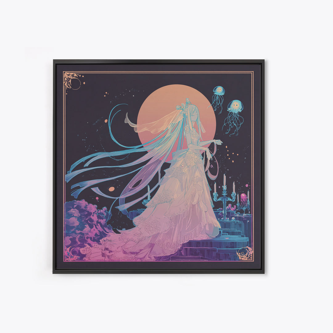 The Bride Of The Abyssal Moon, Cute Eldritch Neon Art, Square Wall Art, Framed Canvas Print, Retro Halloween Decor, Neon Wall Art