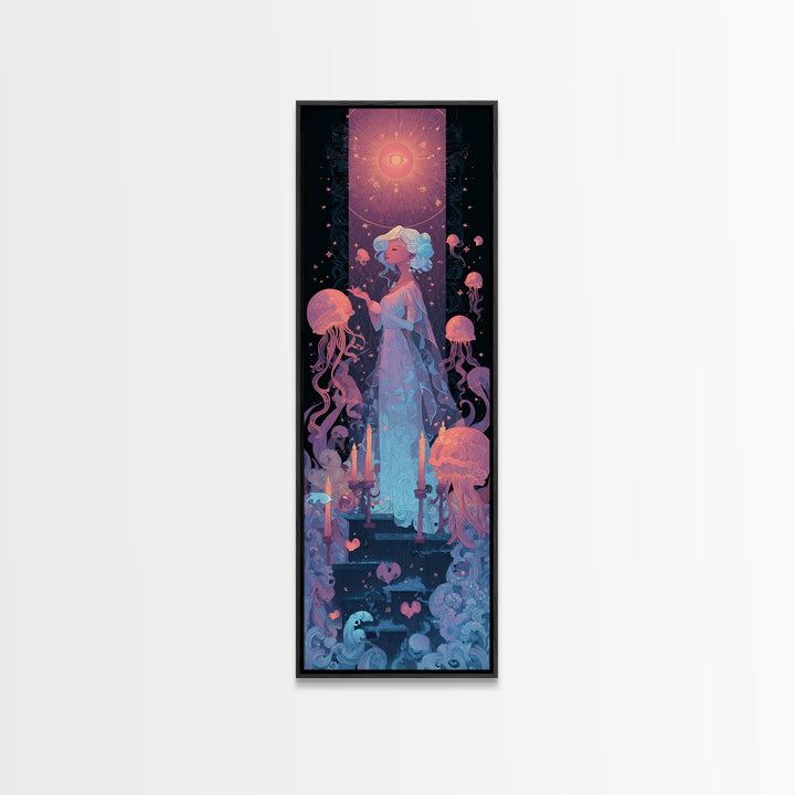 The Bride Of The Abyssal Moon, Cosmic Synthwave Horror, Tall Narrow Wall Art, Canvas Print, Retro Halloween Decor, Neon Wall Art
