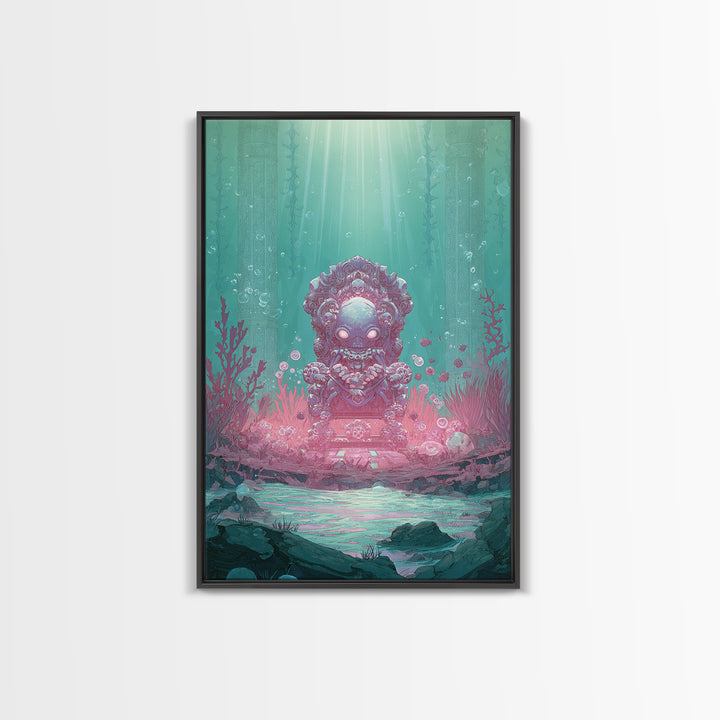 The Watcher In The Coral Throne, Retro Neon Halloween Art, Vertical Wall Art, Canvas Print, Retro Halloween Decor, Neon Wall Art
