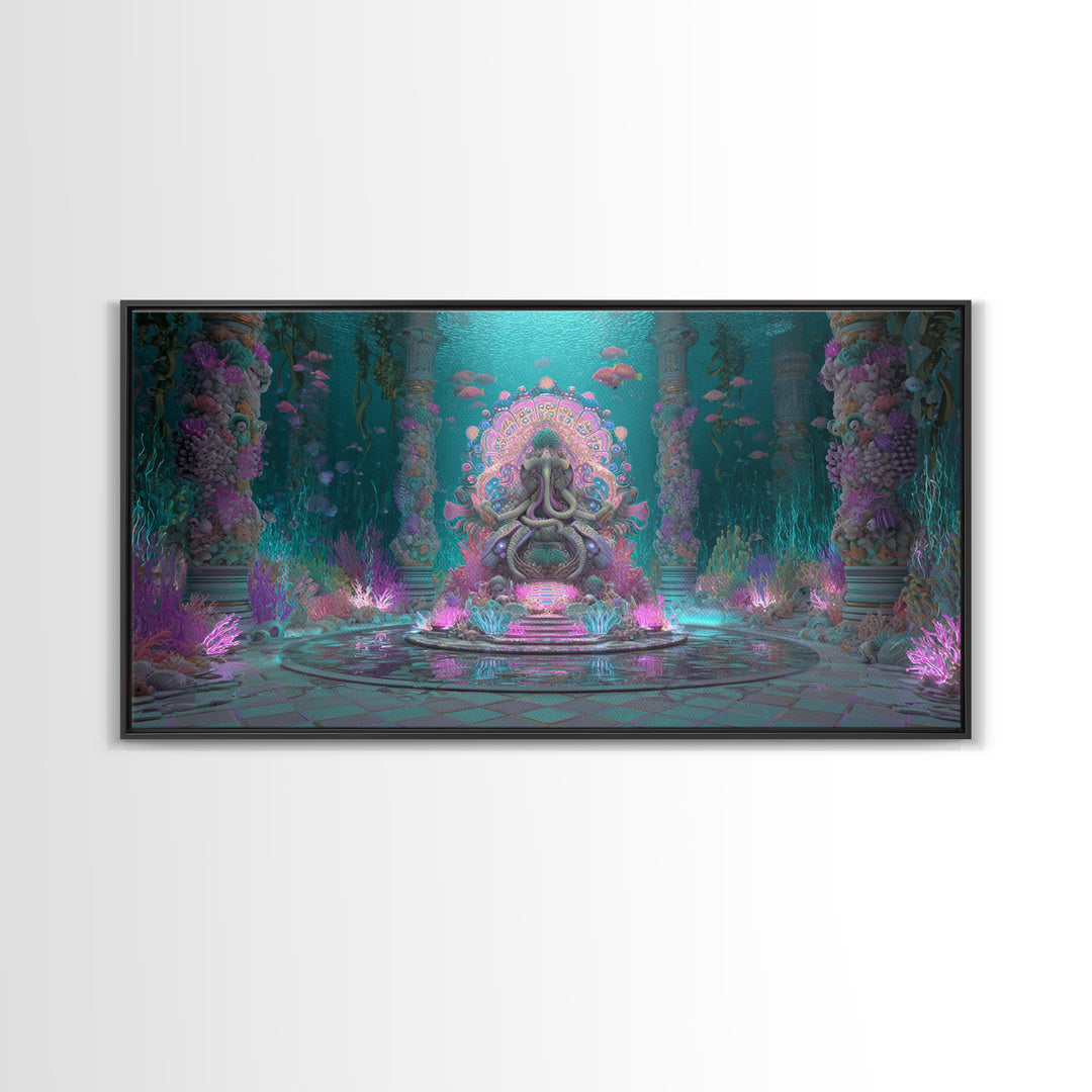 The Watcher In The Coral Throne, Vaporwave Halloween Decor, Wide Panoramic Art, Framed Canvas Print, Retro Halloween Decor, Neon Wall Art