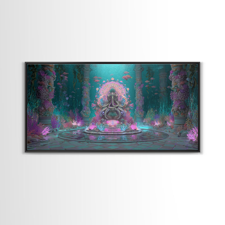 The Watcher In The Coral Throne, Vaporwave Halloween Decor, Wide Panoramic Art, Framed Canvas Print, Retro Halloween Decor, Neon Wall Art