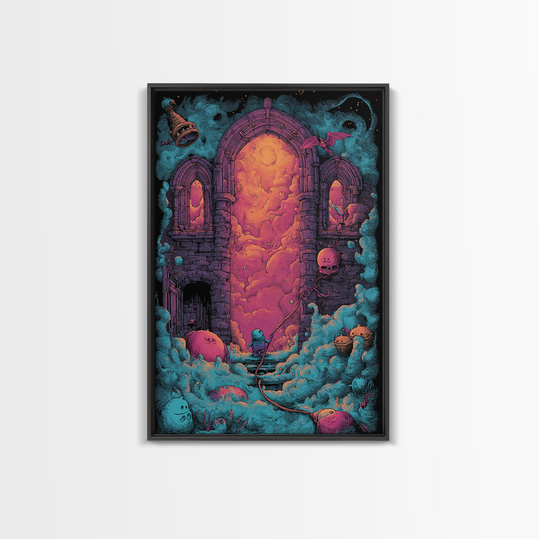 The Bellringer Of The Sunken Cathedral, Cute Eldritch Neon Art, Vertical Wall Art, Canvas Print, Retro Halloween Decor, Neon Wall Art