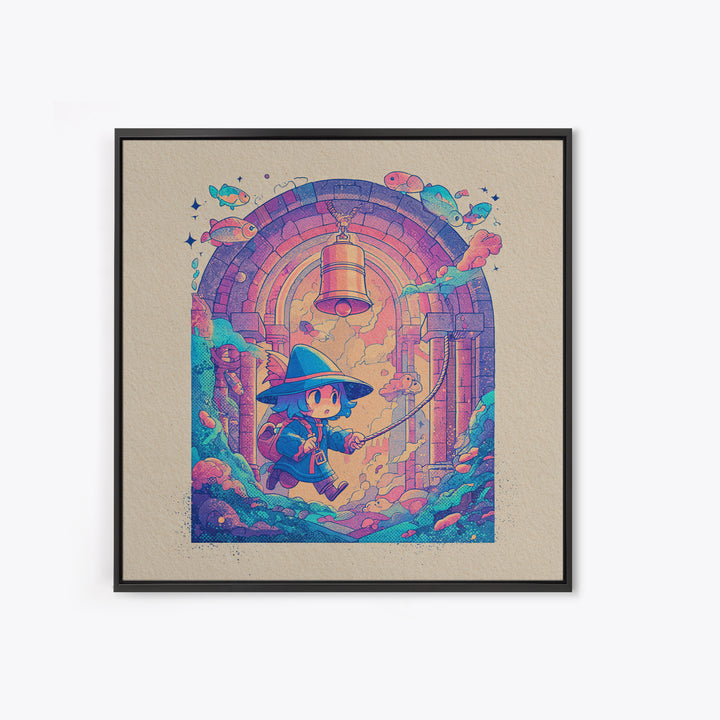 The Bellringer Of The Sunken Cathedral, Cosmic Synthwave Horror, Square Wall Art, Framed Canvas Print, Retro Halloween Decor, Neon Wall Art