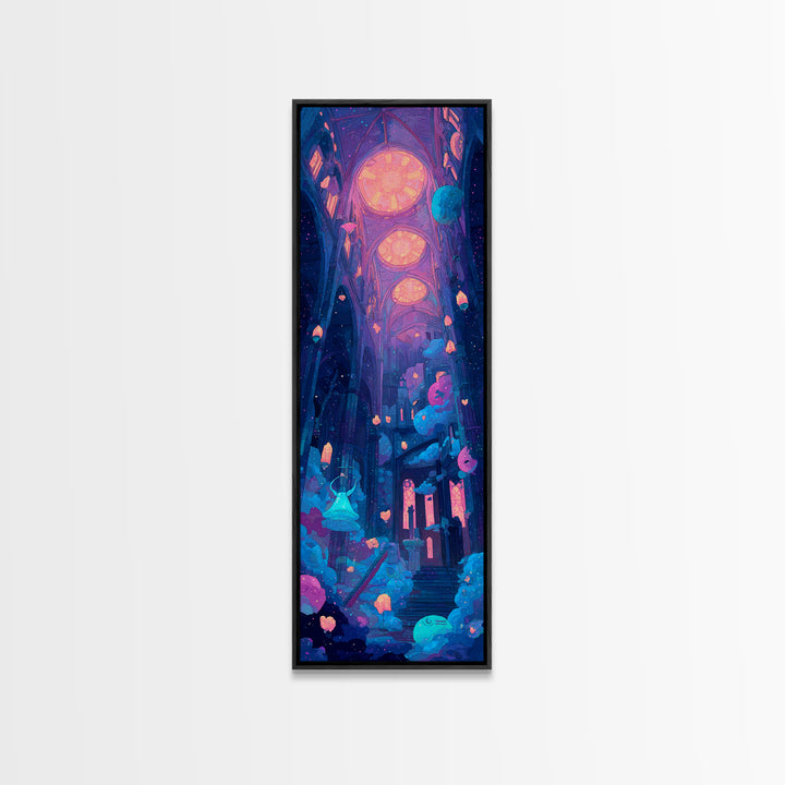 The Bellringer Of The Sunken Cathedral, Cute Spooky Neon Art, Tall Narrow Wall Art, Canvas Print, Retro Halloween Decor, Neon Wall Art
