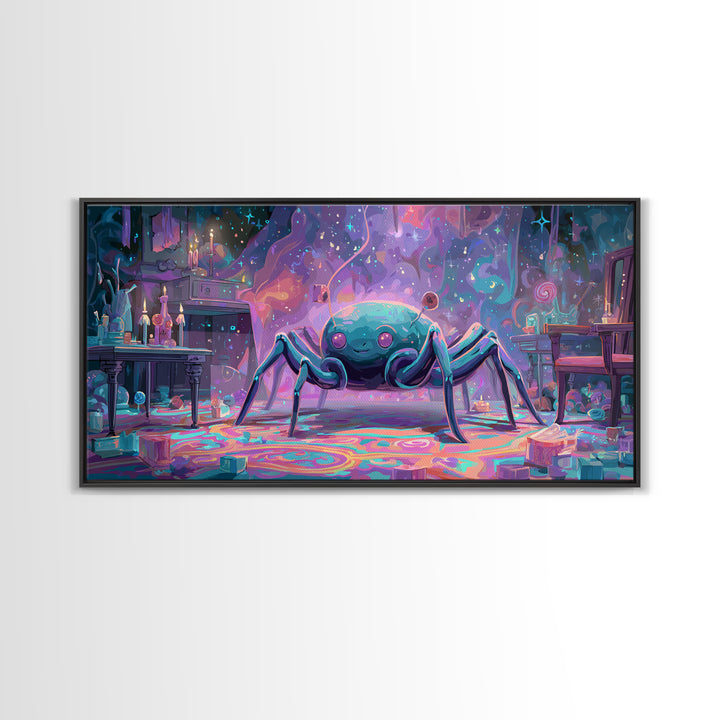 The Crawler Beneath The Floor Of Stars, Retro Neon Halloween Art, Wide Panoramic Art, Framed Canvas Print, Retro Halloween Decor