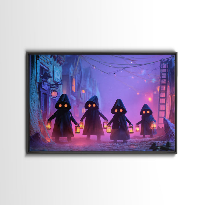 The Innsmouth Lantern Procession, Synthwave Halloween Art, Landscape Wall Art, Framed Canvas Print, Retro Halloween Decor, Neon Wall Art