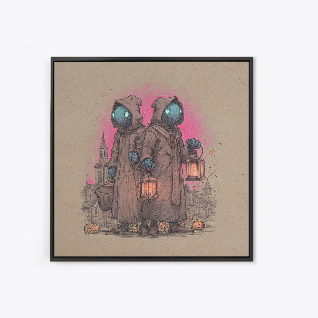 The Innsmouth Lantern Procession, 80s Halloween Wall Art, Square Wall Art, Canvas Print, Retro Halloween Decor, Neon Wall Art