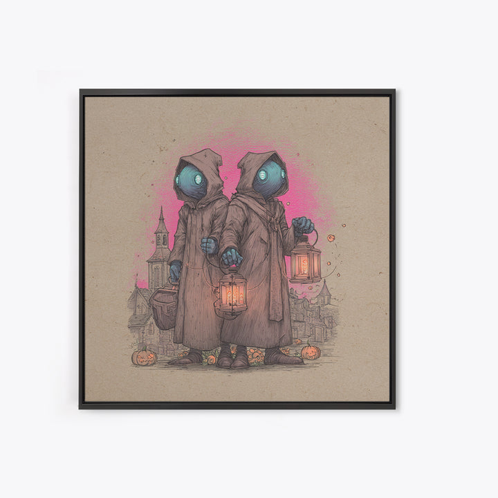 The Innsmouth Lantern Procession, 80s Halloween Wall Art, Square Wall Art, Canvas Print, Retro Halloween Decor, Neon Wall Art