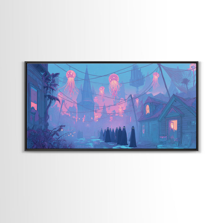 The Innsmouth Lantern Procession, Cute Eldritch Neon Art, Wide Panoramic Art, Framed Canvas Print, Retro Halloween Decor, Neon Wall Art