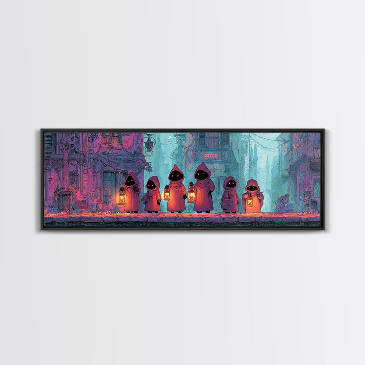 The Innsmouth Lantern Procession, Retro Neon Halloween Art, Extra Wide Wall Art, Framed Canvas Print, Retro Halloween Decor, Neon Wall Art