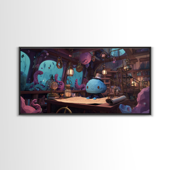 The Mapmaker Of Impossible Shores, Cosmic Synthwave Horror, Wide Panoramic Art, Framed Canvas Print, Retro Halloween Decor, Neon Wall Art