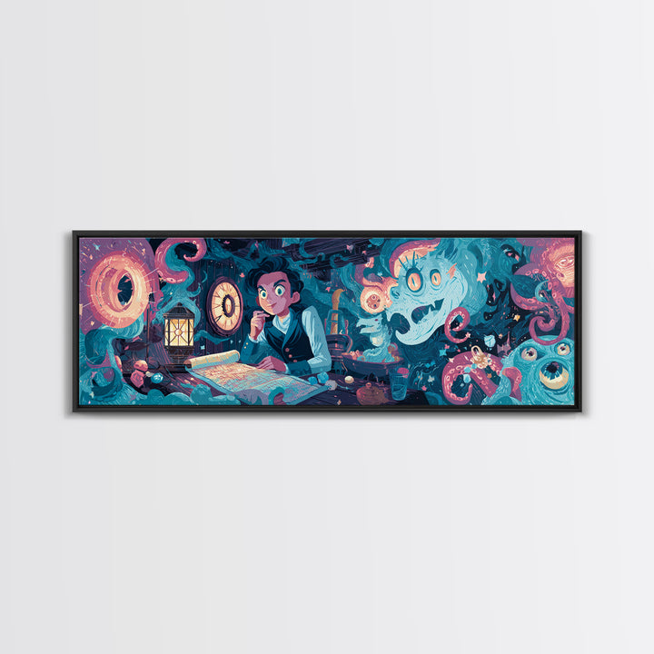 The Mapmaker Of Impossible Shores, Cosmic Synthwave Horror, Extra Wide Wall Art, Canvas Print, Retro Halloween Decor, Neon Wall Art