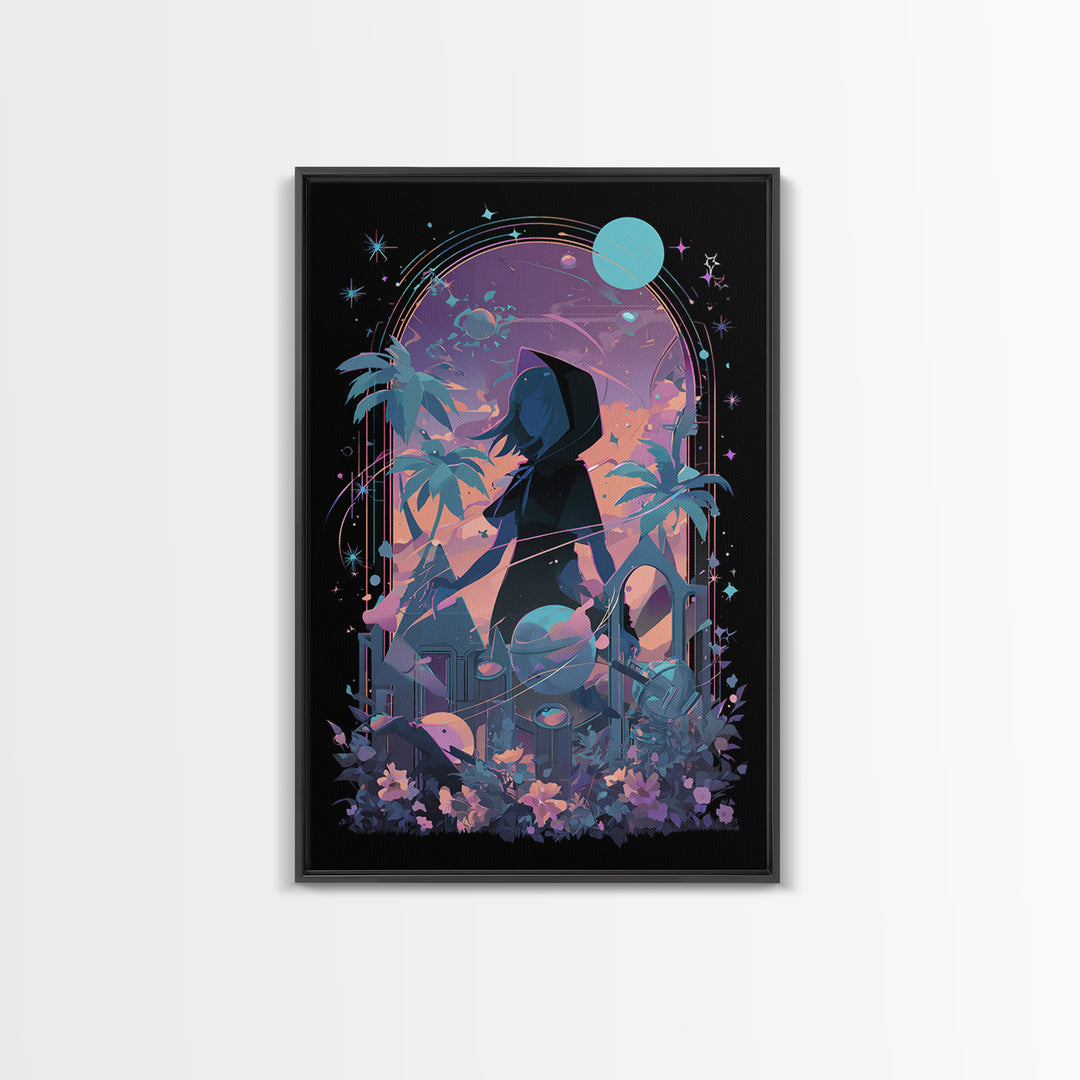 The Widow Of The Whispering Comet, Cosmic Synthwave Horror, Vertical Wall Art, Canvas Print, Retro Halloween Decor, Neon Wall Art