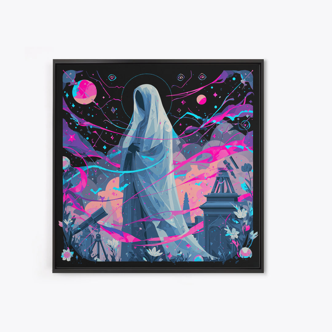 The Widow Of The Whispering Comet, Synthwave Halloween Art, Square Wall Art, Framed Canvas Print, Retro Halloween Decor, Neon Wall Art