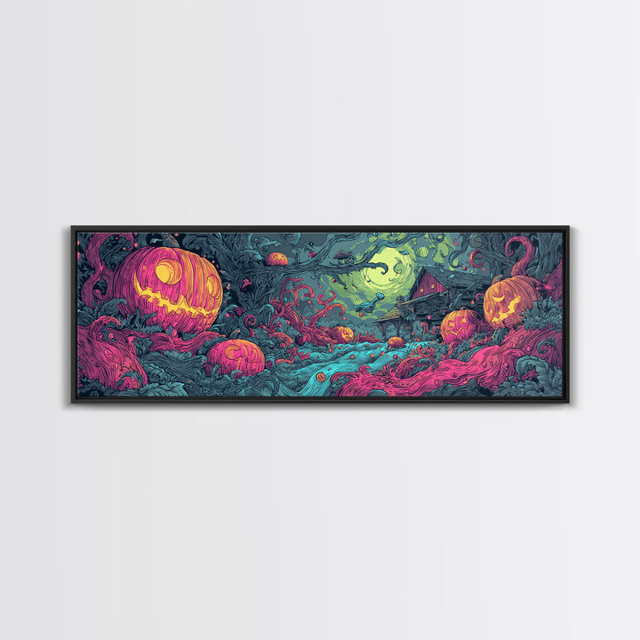 The Harvest Of The Eldritch Field, Cosmic Synthwave Horror, Extra Wide Wall Art, Canvas Print, Retro Halloween Decor, Neon Wall Art
