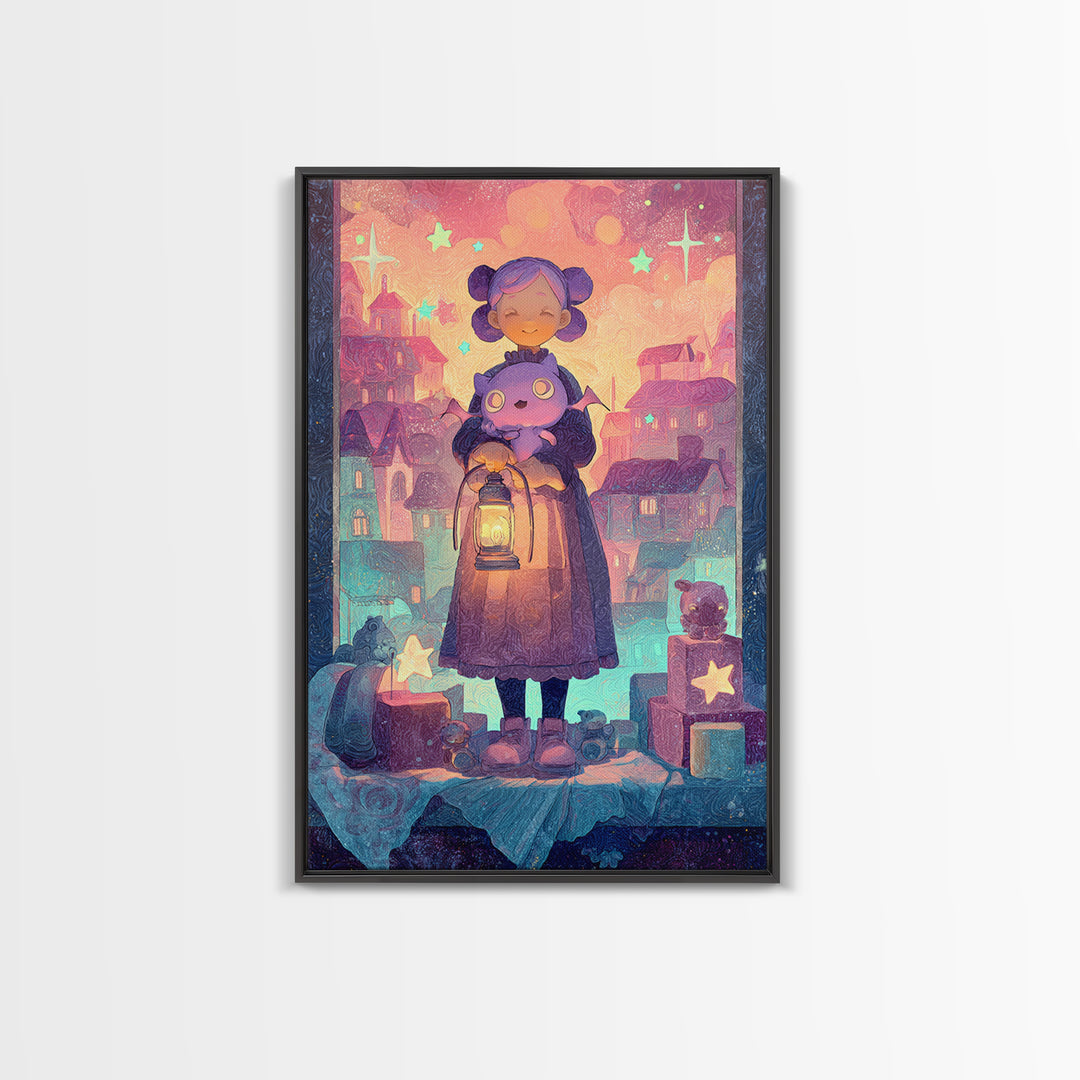 The Child Who Caught A Moon-Spawn, Vaporwave Halloween Decor, Vertical Wall Art, Framed Canvas Print, Retro Halloween Decor, Neon Wall Art