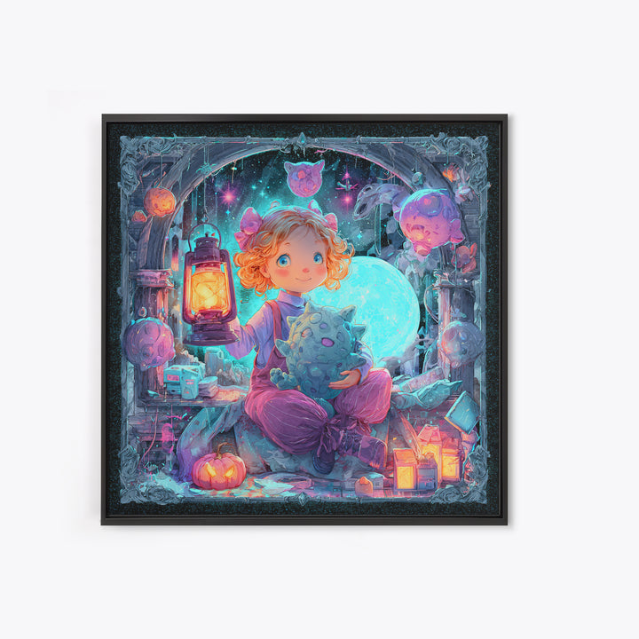The Child Who Caught A Moon-Spawn, Vaporwave Halloween Decor, Square Wall Art, Canvas Print, Retro Halloween Decor, Neon Wall Art