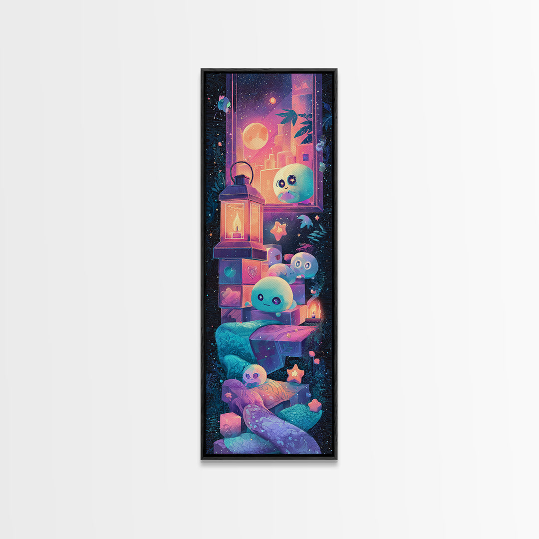 The Child Who Caught A Moon-Spawn, Synthwave Halloween Art, Tall Narrow Wall Art, Canvas Print, Retro Halloween Decor, Neon Wall Art