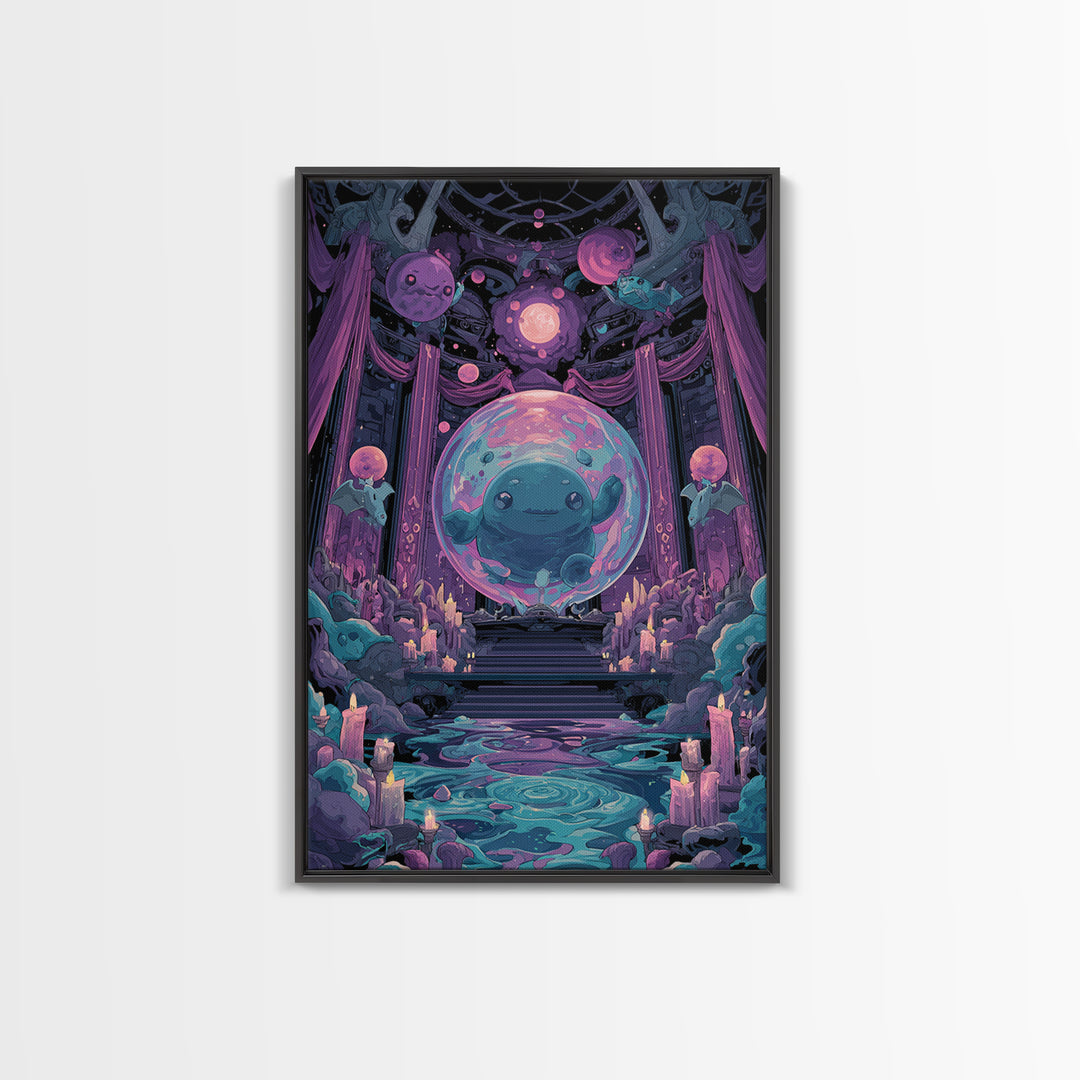 The Oracle Of The Glass Depths, Cute Eldritch Neon Art, Vertical Wall Art, Canvas Print, Retro Halloween Decor, Neon Wall Art