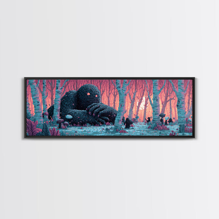 The Sleeper In The Birch Grove, Cosmic Synthwave Horror, Extra Wide Wall Art, Canvas Print, Retro Halloween Decor, Neon Wall Art