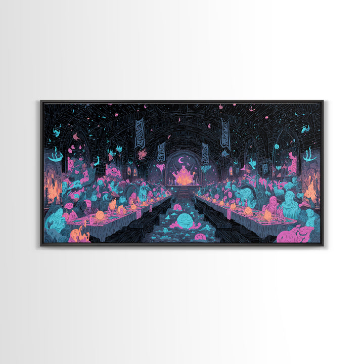 The Feast Of The Pale Cult, Synthwave Halloween Art, Wide Panoramic Art, Canvas Print, Retro Halloween Decor, Neon Wall Art