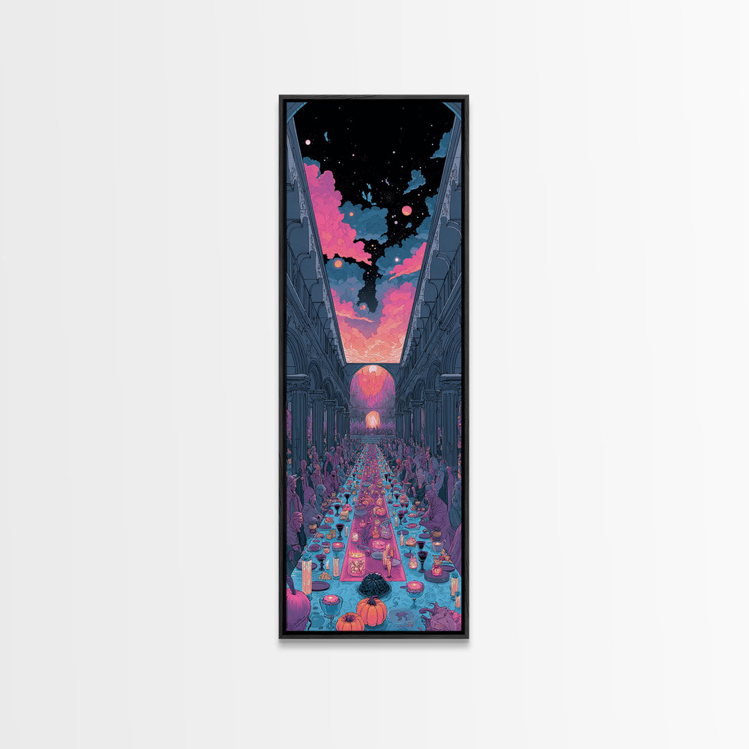 The Feast Of The Pale Cult, Cute Spooky Neon Art, Tall Narrow Wall Art, Canvas Print, Retro Halloween Decor, Neon Wall Art
