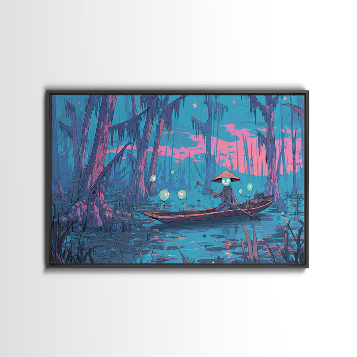 The Ferryman Of The Outer Marsh, Synthwave Halloween Art, Landscape Wall Art, Framed Canvas Print, Retro Halloween Decor, Neon Wall Art