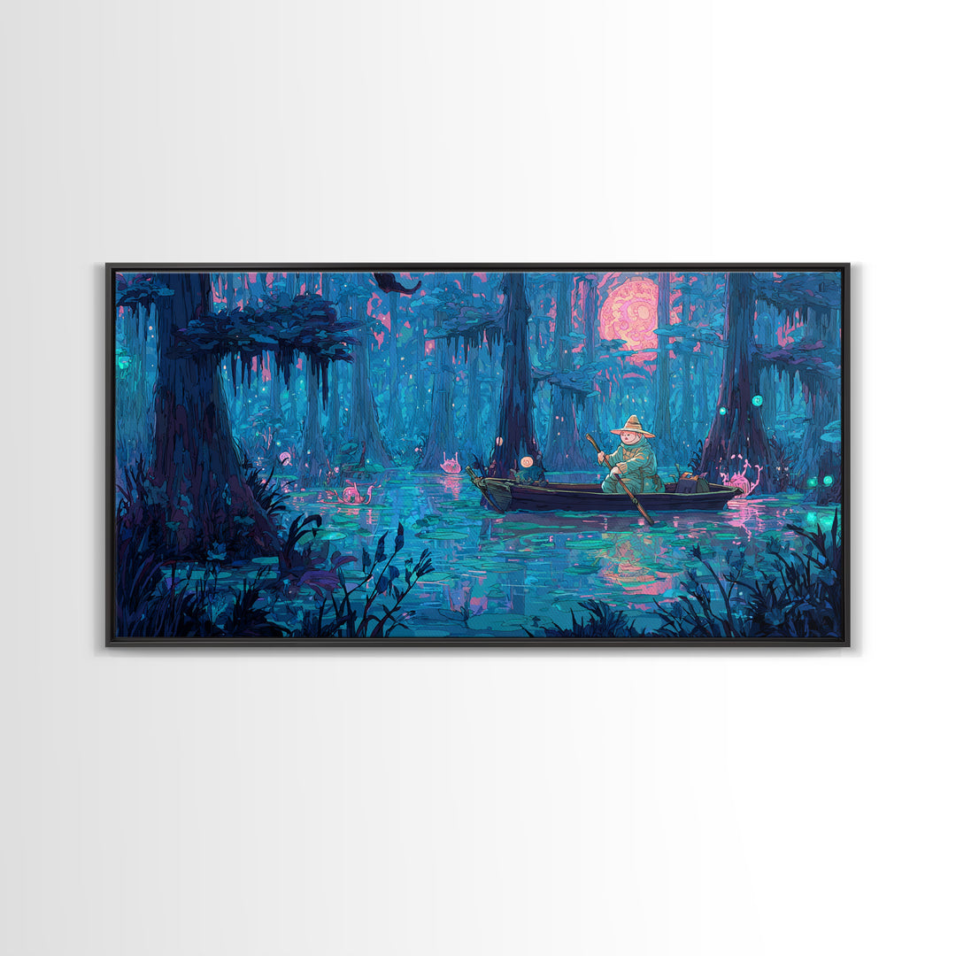 The Ferryman Of The Outer Marsh, 80s Halloween Wall Art, Wide Panoramic Art, Canvas Print, Retro Halloween Decor, Neon Wall Art
