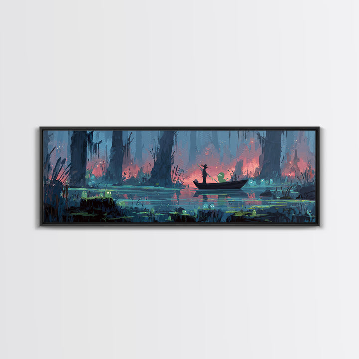 The Ferryman Of The Outer Marsh, Synthwave Halloween Art, Extra Wide Wall Art, Canvas Print, Retro Halloween Decor, Neon Wall Art