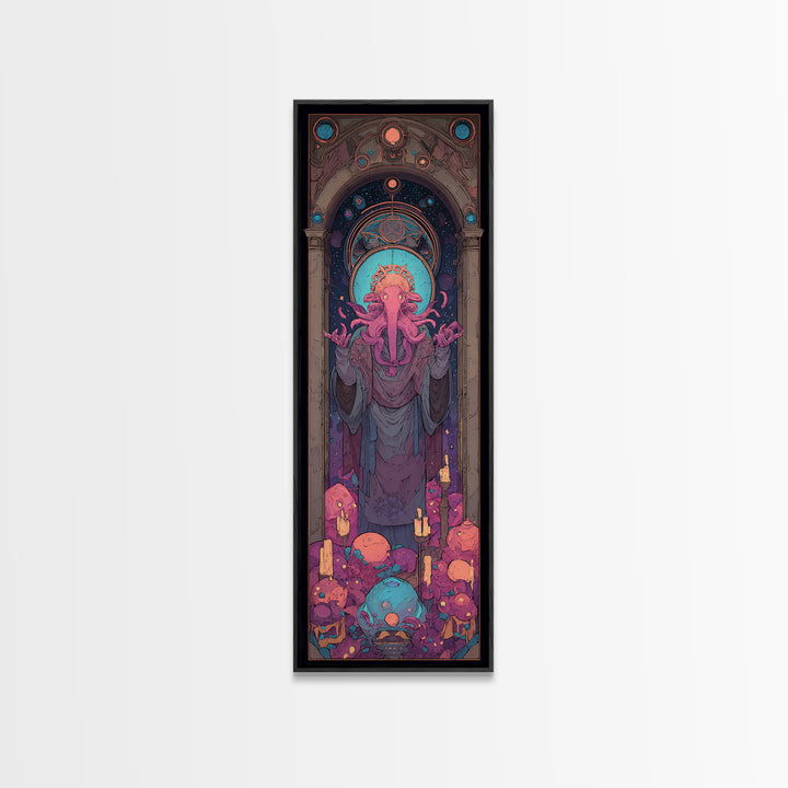 The Crown Of The Tentacled Saint, Cute Eldritch Neon Art, Tall Narrow Wall Art, Framed Canvas Print, Retro Halloween Decor, Neon Wall Art