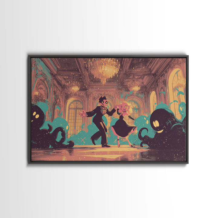 The Ballroom Of Silent Shoggoths, Synthwave Halloween Art, Landscape Wall Art, Canvas Print, Retro Halloween Decor, Neon Wall Art