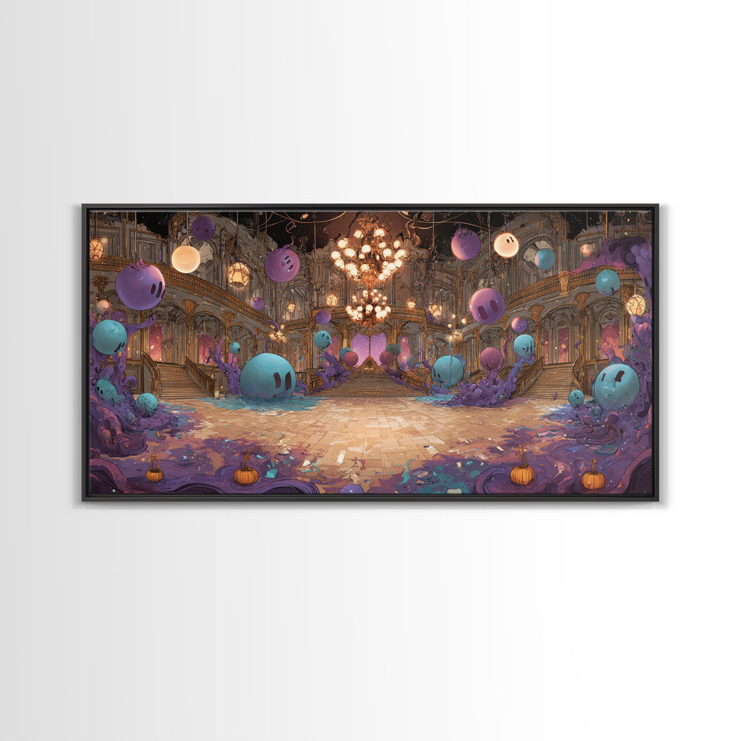 The Ballroom Of Silent Shoggoths, Cute Eldritch Neon Art, Wide Panoramic Art, Framed Canvas Print, Retro Halloween Decor, Neon Wall Art