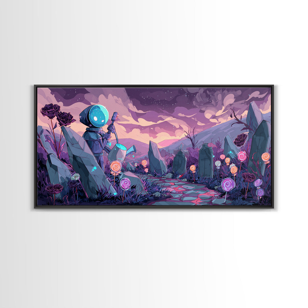 The Grave Gardener Of Yuggoth, Retro Neon Halloween Art, Wide Panoramic Art, Framed Canvas Print, Retro Halloween Decor, Neon Wall Art