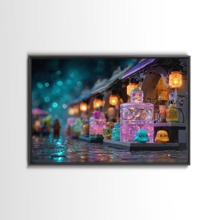 The Lantern Market Beyond The Veil, Cute Eldritch Neon Art, Landscape Wall Art, Canvas Print, Retro Halloween Decor, Neon Wall Art