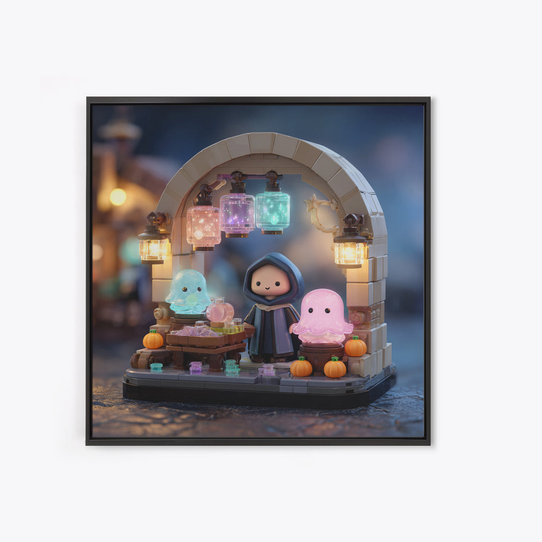 The Lantern Market Beyond The Veil, Retro Neon Halloween Art, Square Wall Art, Canvas Print, Retro Halloween Decor, Neon Wall Art
