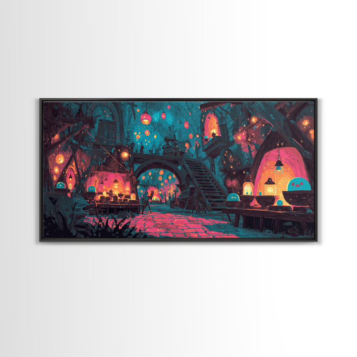 The Lantern Market Beyond The Veil, Cute Spooky Neon Art, Wide Panoramic Art, Canvas Print, Retro Halloween Decor, Neon Wall Art