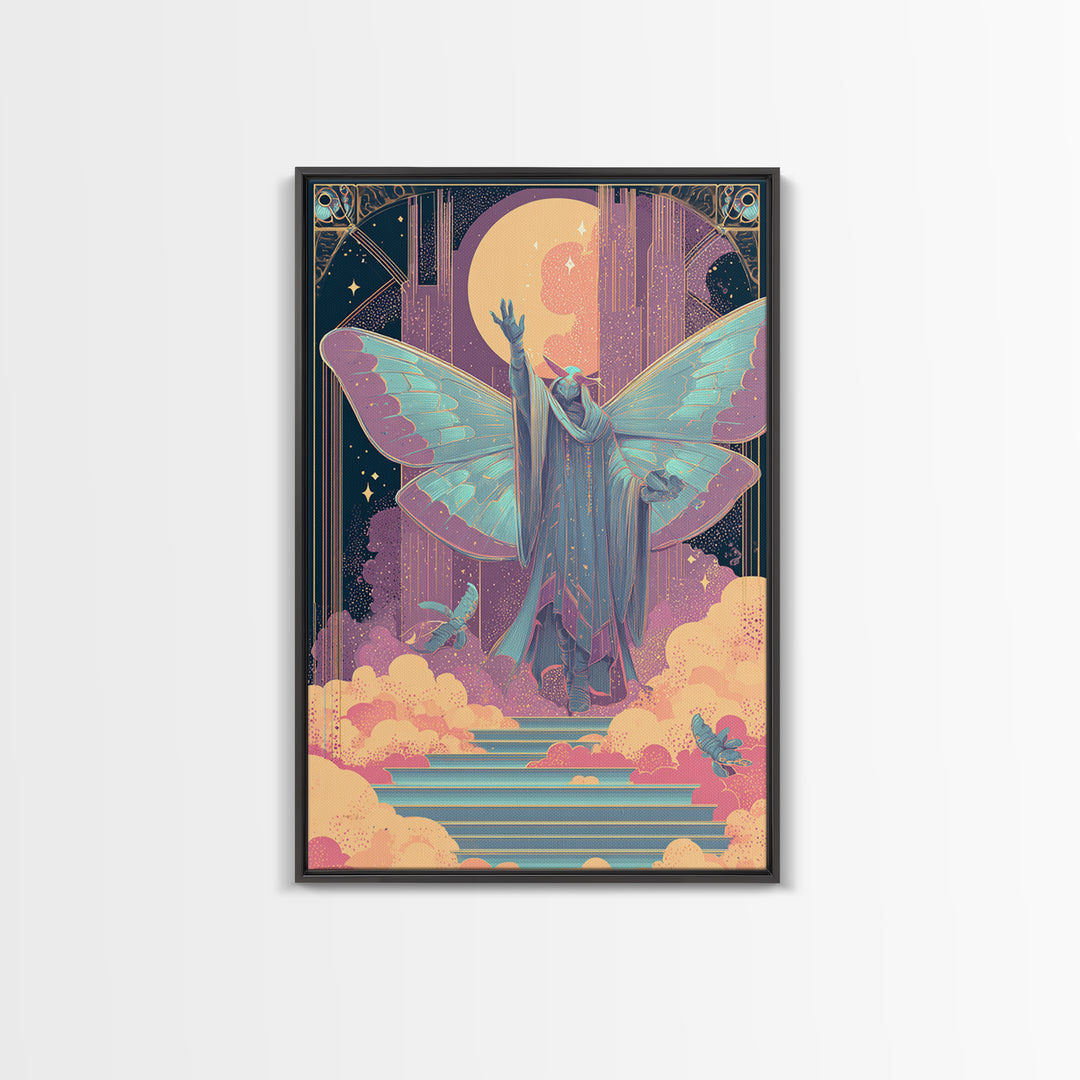 The Moth Prophet Of Kadath, Vaporwave Halloween Decor, Vertical Wall Art, Canvas Print, Retro Halloween Decor, Neon Wall Art