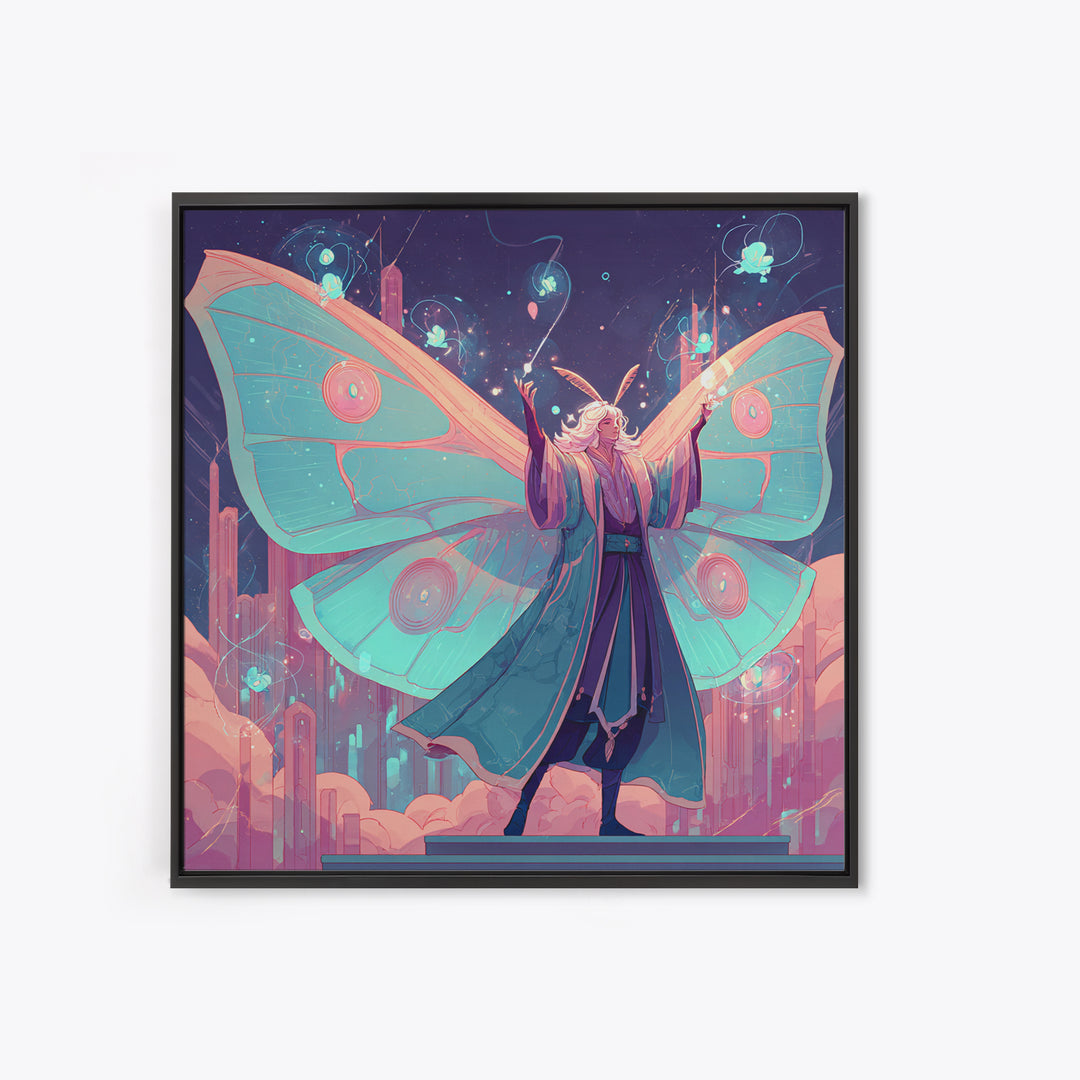 The Moth Prophet Of Kadath, Cute Spooky Neon Art, Square Wall Art, Framed Canvas Print, Retro Halloween Decor, Neon Wall Art