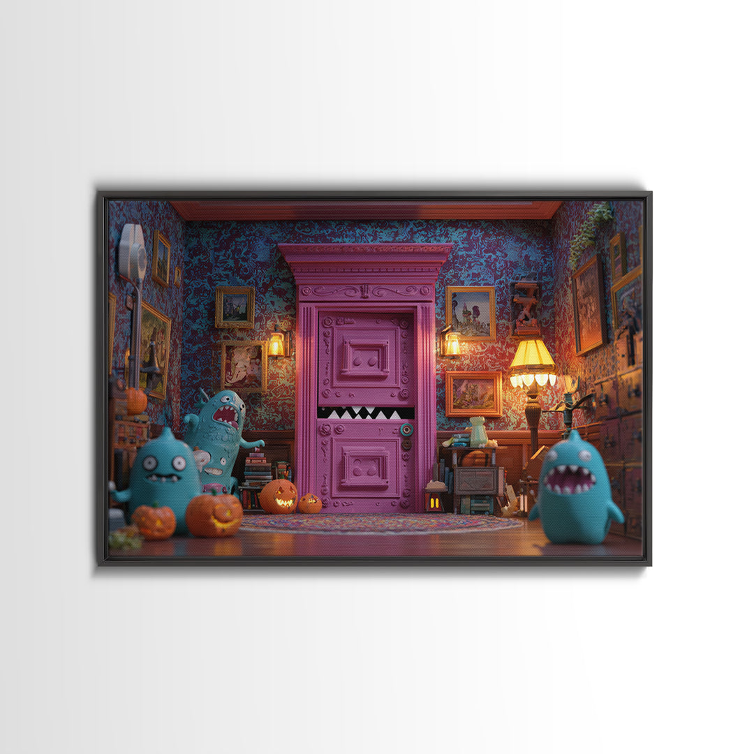 The Thirteenth Door Of Arkham House, Retro Neon Halloween Art, Landscape Wall Art, Canvas Print, Retro Halloween Decor, Neon Wall Art