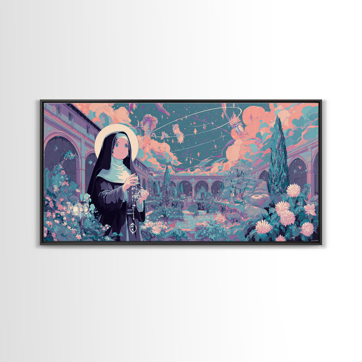 The Nun Of The Endless Constellation, Synthwave Halloween Art, Wide Panoramic Art, Framed Canvas Print, Retro Halloween Decor, Neon Wall Art