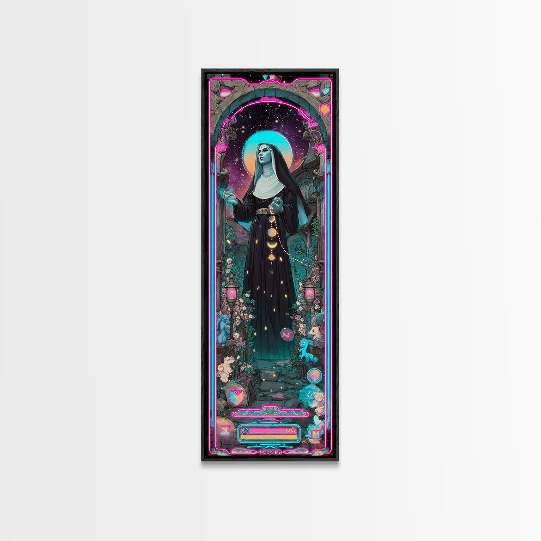 The Nun Of The Endless Constellation, Synthwave Halloween Art, Tall Narrow Wall Art, Canvas Print, Retro Halloween Decor, Neon Wall Art