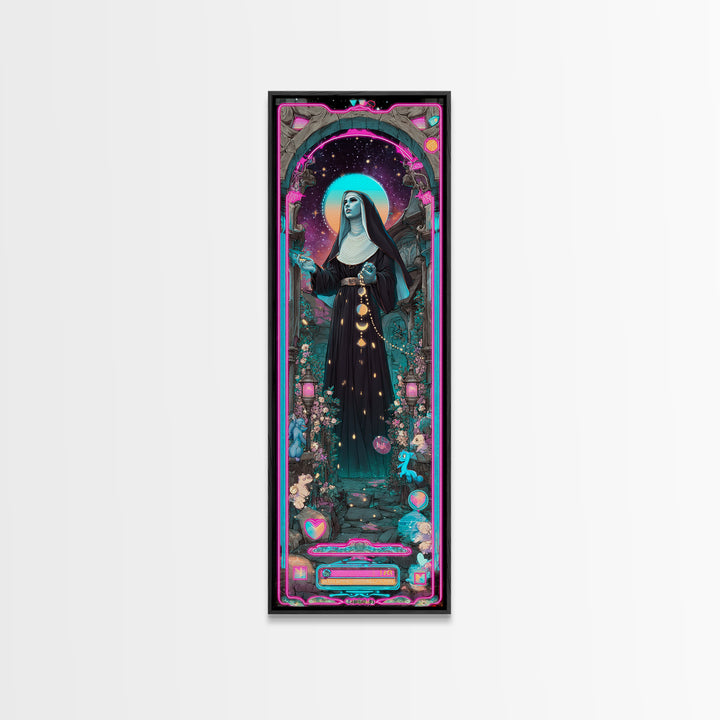 The Nun Of The Endless Constellation, Synthwave Halloween Art, Tall Narrow Wall Art, Canvas Print, Retro Halloween Decor, Neon Wall Art