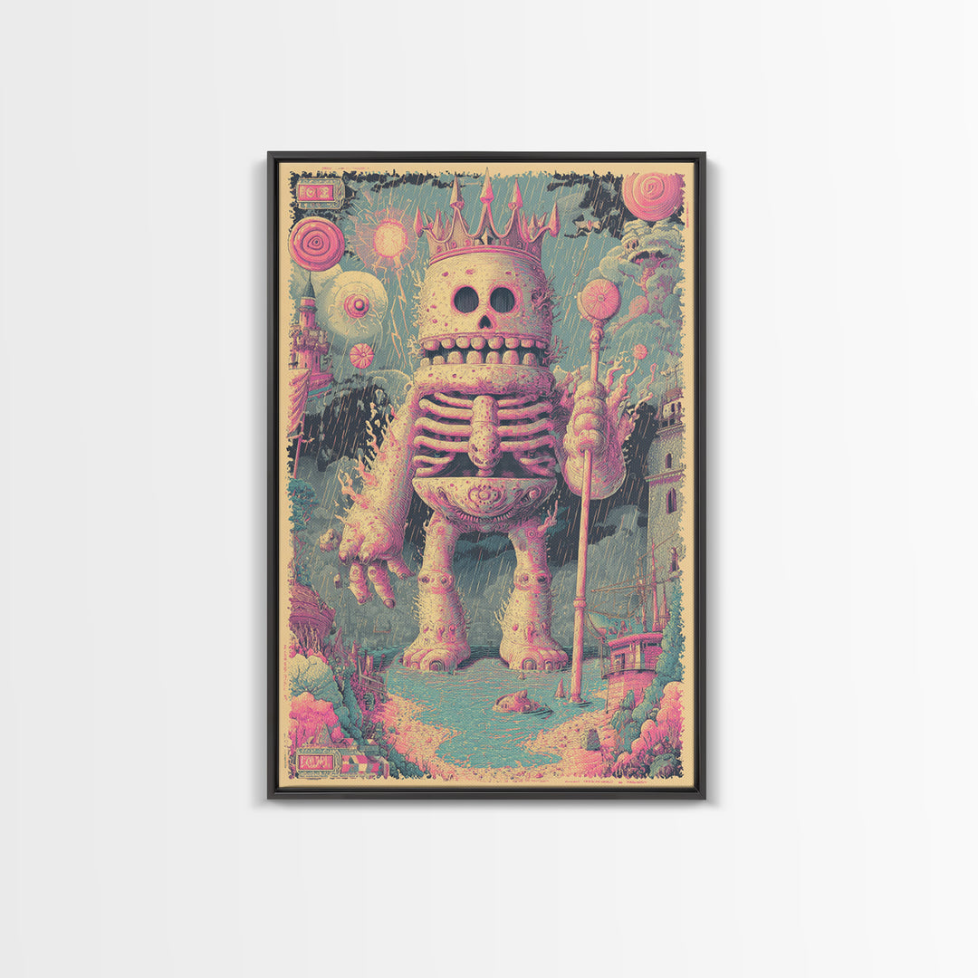 The Salt King Of The Black Shore, Cosmic Synthwave Horror, Vertical Wall Art, Canvas Print, Retro Halloween Decor, Neon Wall Art