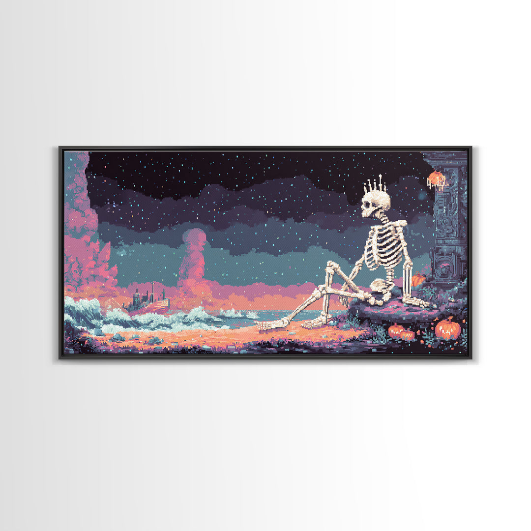 The Salt King Of The Black Shore, Vaporwave Halloween Decor, Wide Panoramic Art, Canvas Print, Retro Halloween Decor, Neon Wall Art