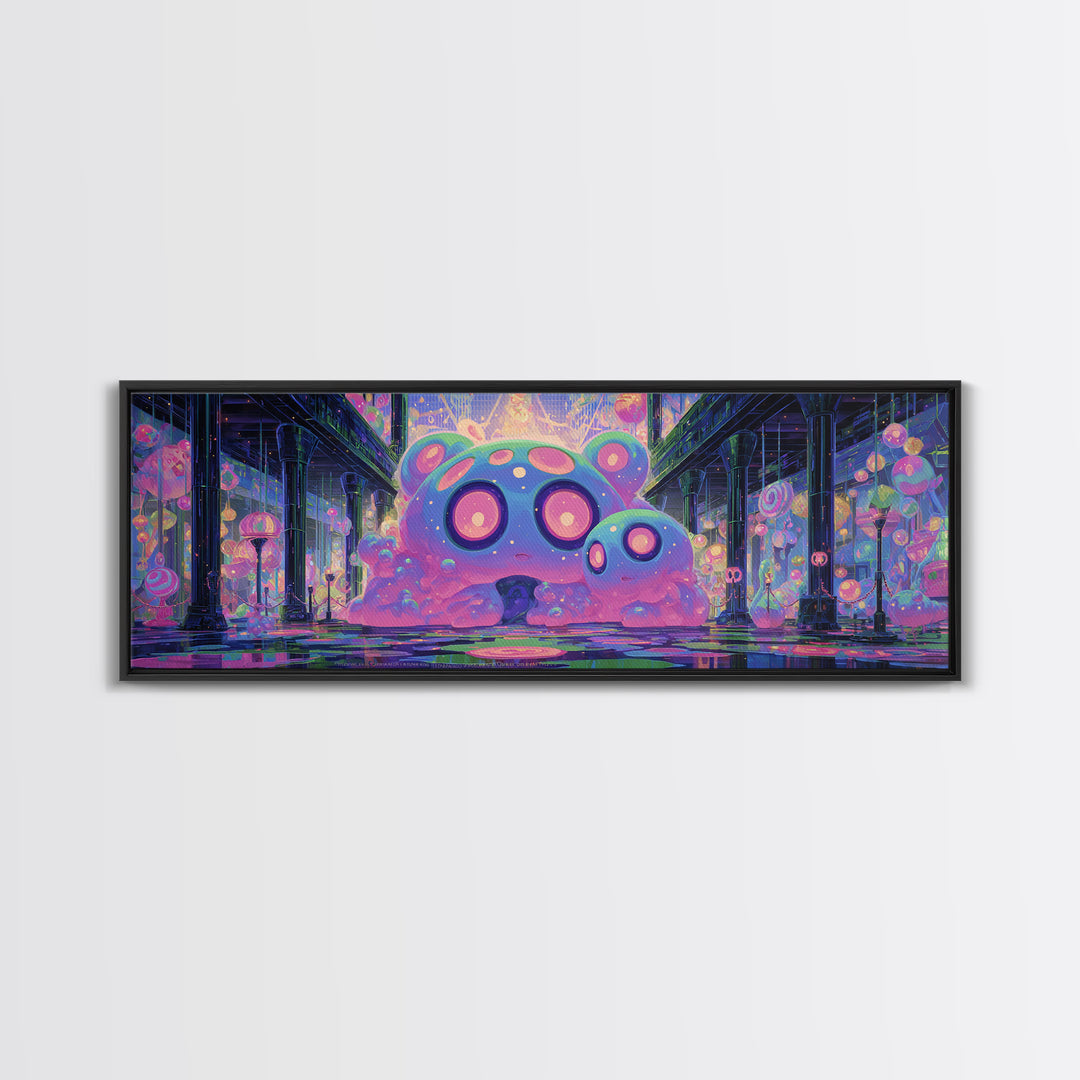 The Custodian Of The Whispering Idol, Cute Eldritch Neon Art, Extra Wide Wall Art, Framed Canvas Print, Retro Halloween Decor, Neon Wall Art