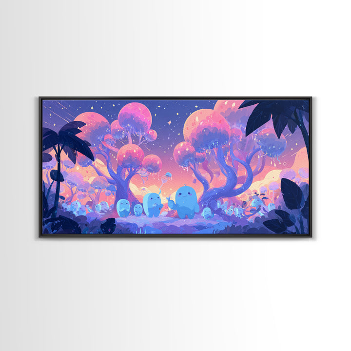 The Children Of The Star Orchard, Vaporwave Halloween Decor, Wide Panoramic Art, Framed Canvas Print, Retro Halloween Decor, Neon Wall Art