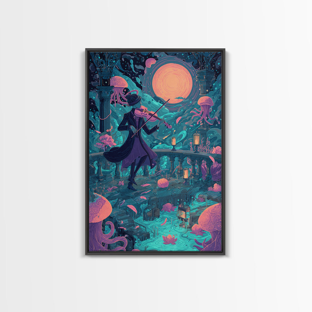 The Violinist Of The Drowned Moon, Retro Neon Halloween Art, Vertical Wall Art, Canvas Print, Retro Halloween Decor, Neon Wall Art